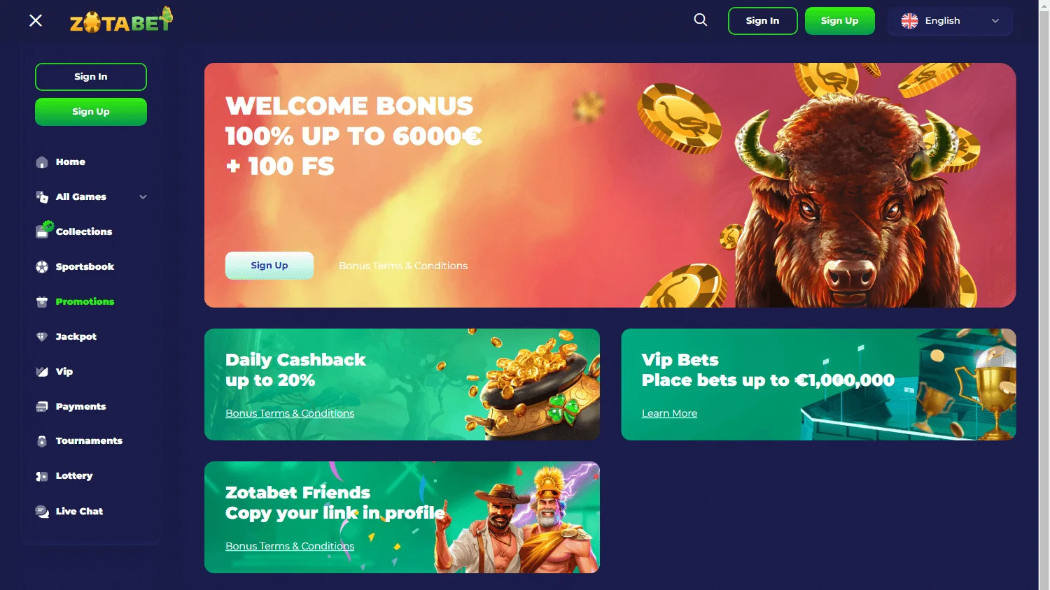 Zotabet Casino desktop promotions area with welcome and deposit bonus offers