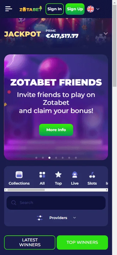 Zotabet Casino mobile home experience for iOS and Android progressive web app access