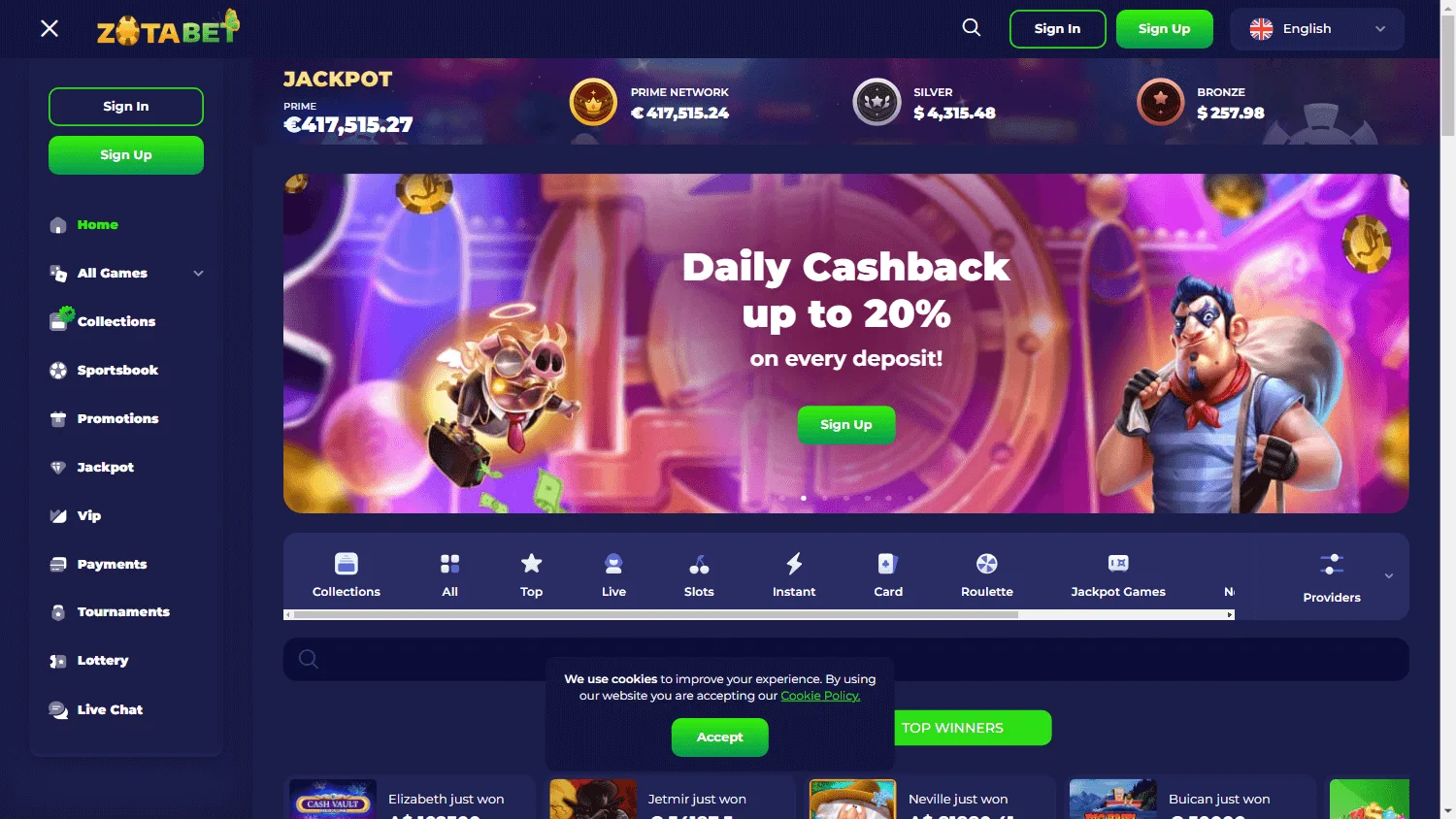 Zotabet Casino desktop home with casino categories and account currency options