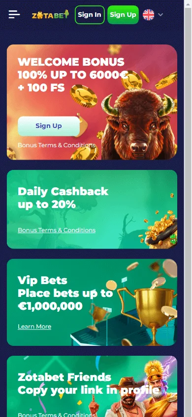 Zotabet Casino mobile promotions with welcome bonus and VIP cashback information