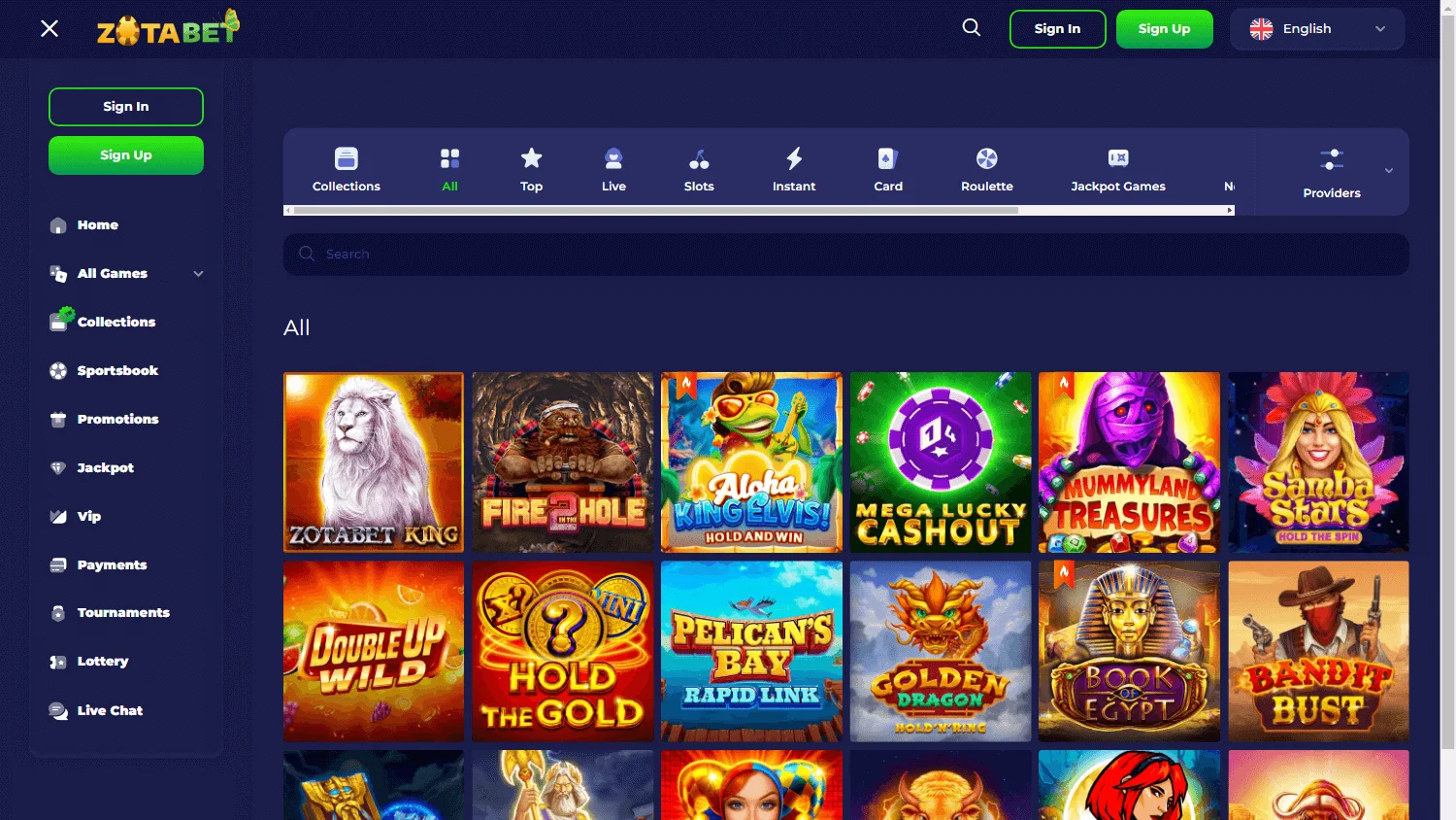 Zotabet Casino desktop games area with pokies, live games and themed collections